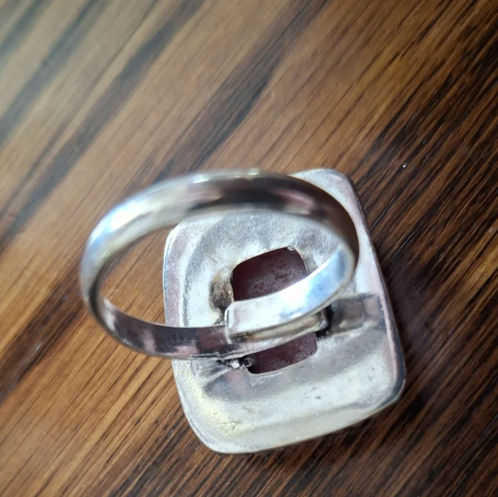 Ring Rhodochrosite Pink Square Stone Sterling Silver Adjustable Band Sizes 7-8-9